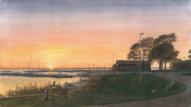Reproducerad akvarell/giclée - Solen går ner över hamnen i Stora rör